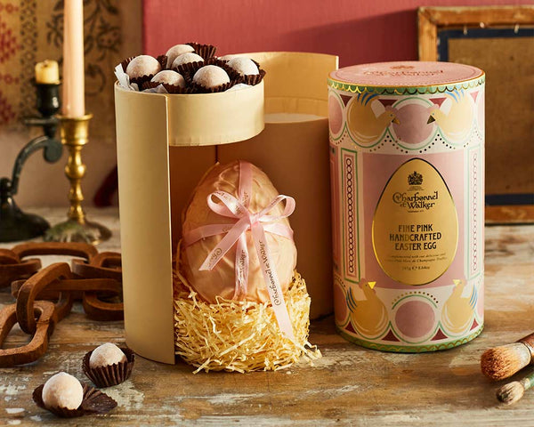 Pink Handcrafted White Chocolate Easter Egg with Pink Marc de Champagne Truffles